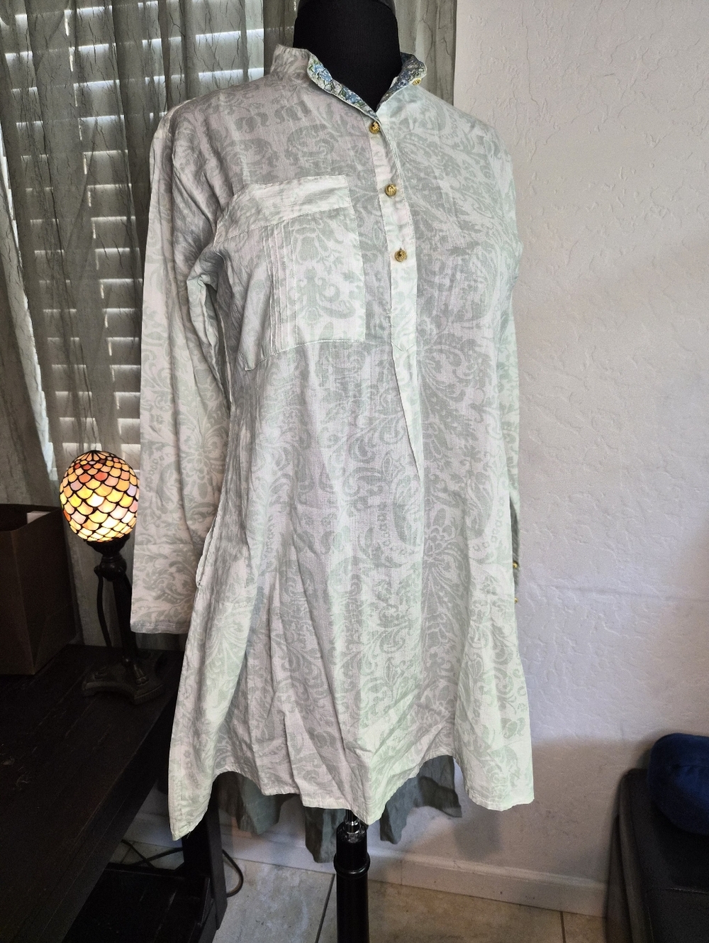 Kareens's Light Gray & Blue Paisley Trim, Gold Buttons, Long-Sleeve Shirt #0067